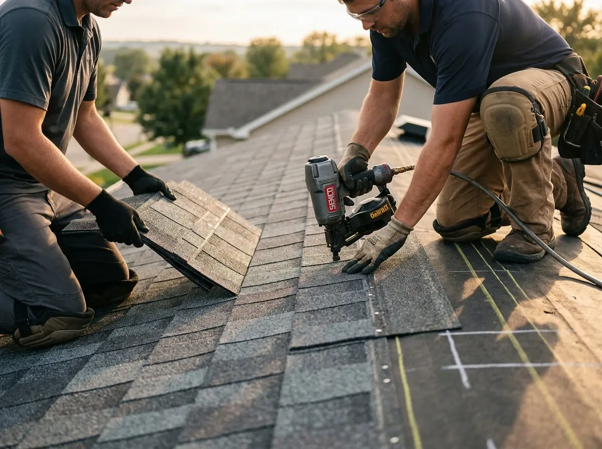 Professional roofer working on a residential roof in Morristown